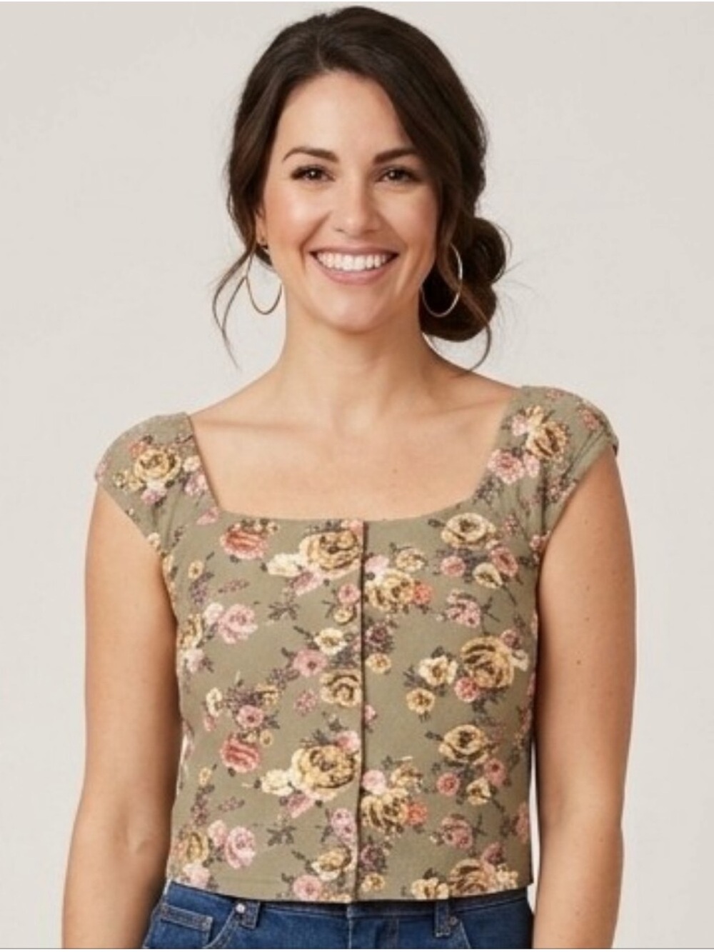 Rewind Floral Square Neck Cap Sleeve Top